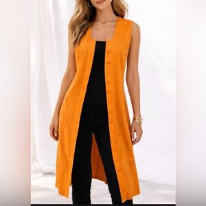 Vintage Habits Orange Buttoned Midi Dress Made in USA Sleeveless Duster PTP 19”